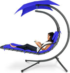 Best Choice Products Outdoor Hanging Curved Steel Chaise Lounge Chair Swing w/Built-in Pillow and Removable Canopy - Resort Blue