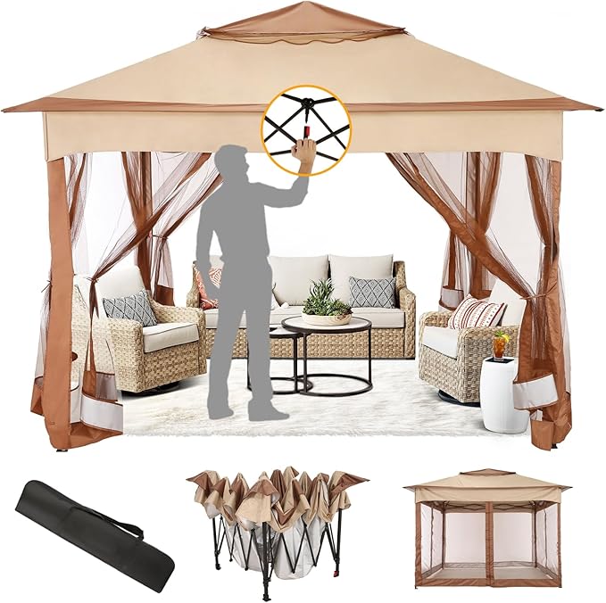 11x11 Pop Up Gazebo Canopy Tent Easy Up Outdoor Gazebo – Khaki