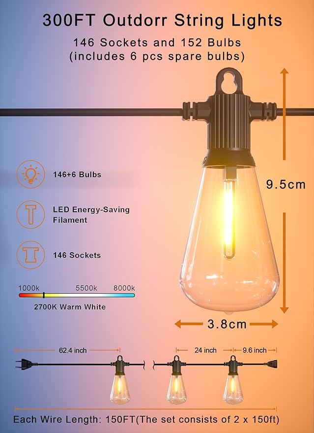 String Lights 300 ft Vintage Edison Bulbs, IP65 Waterproof