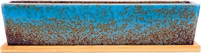 ARTKETTY Succulent Pots - Large Succulent Planter Pots with Drainage, 12 Inch Long Rectangle Bonsai Pot with Bamboo Tray Shallow Ceramic Cactus Flower Planter Window Box for Home Garden Decor (Blue)