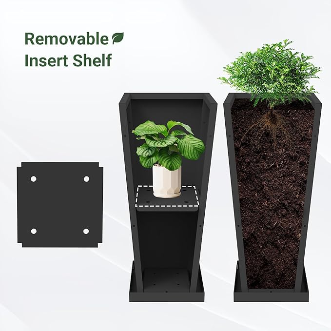 Tall Outdoor Planters Set of 2, 26 inch Tall Planters for Outdoor and Indoor, Metal Tapered Pots with Drainage Holes & Insert Shelves & Trays for Porch, Garden, Patio, Yard