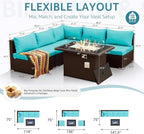 NICESOUL 6 Piece L-Shaped Patio Furniture Set with Fire Pit Table Natural Gas/Propane, 29.3'' High-Back Deep Wide Seat Outdoor Conversations, XL Big Fireplace Couches, Brown Rattan and Teal Cushion