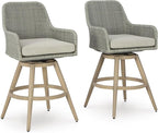Signature Design by Ashley Seton Creek Casual Weather Resistant 360-Degree Swivel 31.75" Outdoor Bar Height StainlessBar Stool with Cushion, Set of 2, Beige & Light Gray