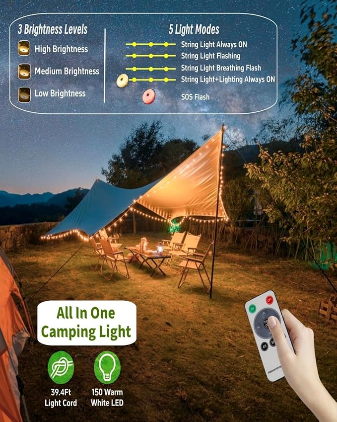 String Lights for Camping, Solar Powered, 150 Warm White LEDs