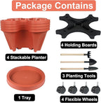 DUNCHATY Stackable Planters 4 Tier Vertical Garden Planting Tower Planters Strawberry, Herb, Flower, and Vegetable Planter Indoor Outdoor Gardening Pots with Removable Wheels and Tools, 2 Bundle