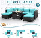 NICESOUL Big Size 9 Piece Patio Furniture Set with Fire Pit Natural Gas & Propane, 29.3'' High Back Comfy Outdoor Rattan Conversations, Wide Seats Couches for Outside, 2 Color Cushions Teal & Gray