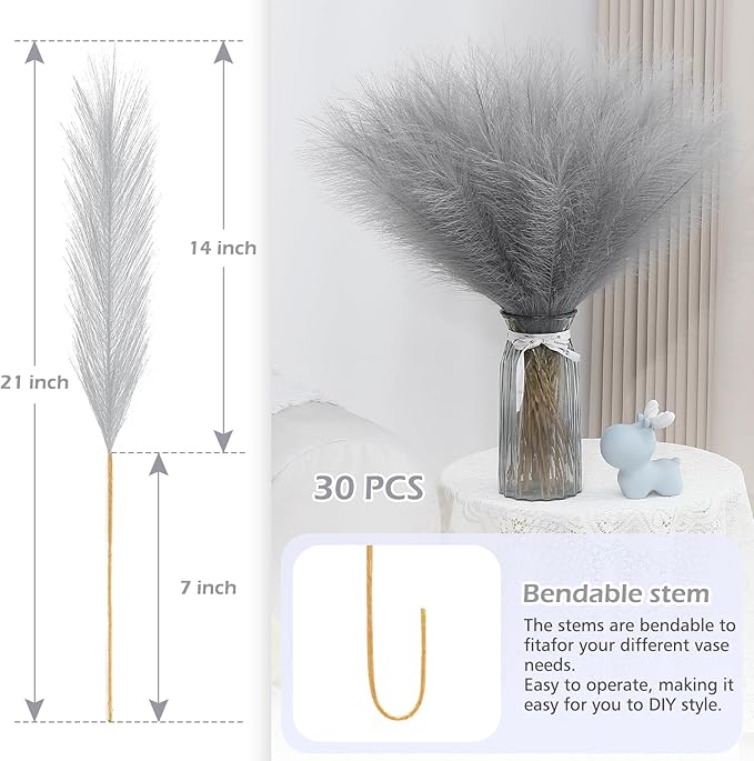 Artificial Plants Greenery: 30 Pcs Grey Faux Pampas Grass, 21.7 Inch Silk