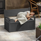 EasyUp 80 Gallon Wood Grain Style Outdoor Storage Bench, Waterproof and Lockable Deck Box Outdoor Storage Furniture for Patio,Garden,and Porch – Perfect for Storing Garden Tools and Cushions(Black)