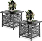 PHI VILLA Outdoor Patio Side Table Set of 2, 22" Small Black Metal Square End Table with Umbrella Hole, Outside Coffee Bistro Table for Porch, Deck, Balcony, Indoor