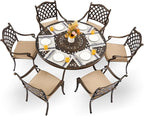 7-Piece Cast Aluminum Patio Furniture, Outdoor Dining Sets for 6 Include 54" Round Patio Dining Table and 6 Stackable Chairs with Cushions & Umbrella Hole (Bronze)