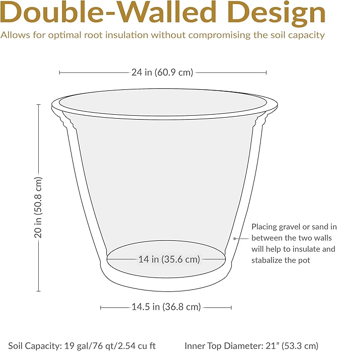Sunnydaze 24-Inch Anjelica Large Plastic Pot for Plants - Outdoor Double-Walled Large Plastic Planter with Drillable Drainage Holes - Sable - 2pk