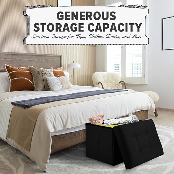 LINMAGCO Storage Ottoman Folding Foot Stool Foot Rest with Side Pocket Modern Ottoman with Storage Short Sofa Stool Linen Cloth 17x13x13(Black)