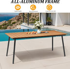 70" Patio Outdoor Dining Table for 4-6, Weather-Resistant Wood-Grain Top with Aluminum Frame & Umbrella Hole for Deck Gatherings, Brown