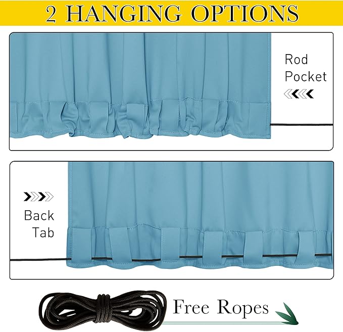NICETOWN 2 Panels Weighted Outdoor Curtains for Patio Waterproof, Thermal Insulated Grommet & Back Tab on Top & Bottom Windproof Sun Blocking Draperies for Gazebo with Fixed Rope, Teal Blue, W66 x L84