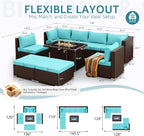 NICESOUL Large Outdoor Patio Furniture Set with Firepit Propane/Natural Gas, High-End Deep Seats Wicker Modular Sectional Sofas for 8, 29.3'' High Back Conversation Sets, Brown Rattan and Teal Cushion