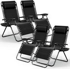 Nestl Zero Gravity Chairs Set of 4, Patio Lounge Chair Outdoor with Pillows & Cup Holder Trays, Adjustable Steel Mesh Reclining Camping Chair, Folding Patio Lawn Chair for Deck, Beach, Yard - Black