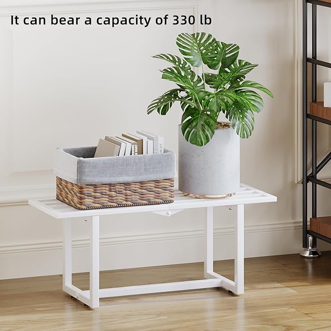 Modern Outdoor Plant Stand for Indoor Corner, Foldable Metal Plant Display Shelf for Multiple Pots,Mid Century Slatted Bench for Garden, Patio Load Bearing 330 lbs 26" L x 10.4" H x 8.6" W 2 Pack White