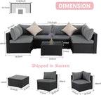 7 Pieces Patio Furniture Set - All-Weather Outdoor Wicker Sectional Conversation Sofa, Rattan Patio Seating Sofa Set with Cushion and Glass Table for Porch Poolside, Black/Grey