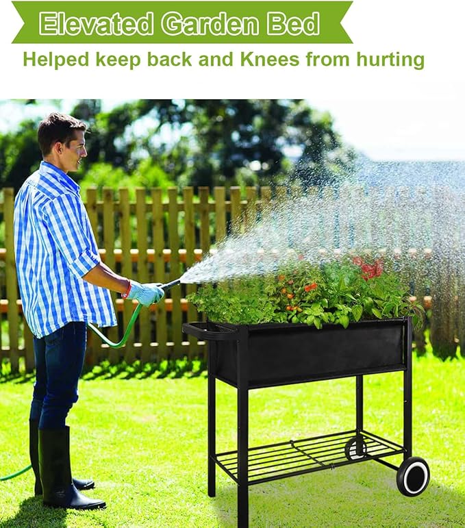 Raised Garden Bed with Legs for Outdoor Plants, Standing Elevated Planter Box Cart on Wheels for Vegetables Flower Herb Patio, Black