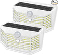 HMCITY 120 LED Solar Lights Outdoor with Motion Sensor and 3 Lighting Modes, IP65 Waterproof Wide Solar Wall Lights Ideal for Garden Patio Yard (Front Button 2Packs, White Shell-Daylight White)
