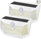 HMCITY 120 LED Solar Lights Outdoor with Motion Sensor and 3 Lighting Modes, IP65 Waterproof Wide Solar Wall Lights Ideal for Garden Patio Yard (Front Button 2Packs, White Shell-Daylight White)