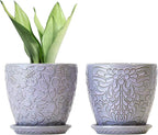 6 Inch Retro Ceramic Planter Set of 2 with Drainage Hole and Saucer for Plants, Indoor-Outdoor Garden Pots for Succulents, Orchids, and Flowers (Fits Inner Pots Up to 5 Inches, Light Blue)