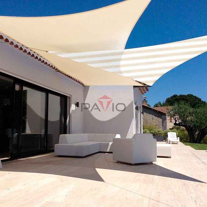Patio Paradise 13' x 13' x 13' Sun Shade Sail Triangle Canopy Shade Cloth Fabric Sunlight Block Patio Pergola Cover HDPE Deck Awning for Outdoor Backyard Roof Shading, Beige White Strip