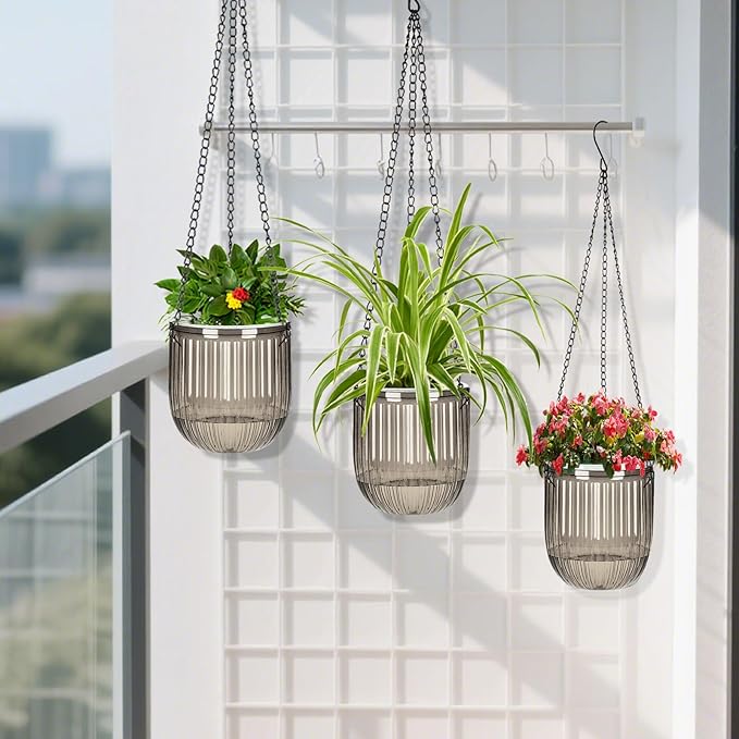 Self Watering Planters for Indoor Plants & Outdoor Plants Hanging Basket for Plants Modern Air Plant Pots with Drainage, Adjustable Hooks for Home, Balcony, Garden Décor Grey