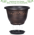 Plastic-Plant-Flower-Planters-12 Inch with Drainage Hole & Saucer, 3 Packs Lightweight Small Resin Flower Pot Indoor Outdoor, Retro Antique Imitation Decorative Garden Containers Sets for Houseplants
