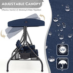 HOMREST 3 Seat Outdoor Porch Swing with Adjustable Canopy, Convertible Patio Swing Bed with Stand, Patio Glider Swing with Upgraded Cup Holder, Thicken Cushions ＆ Pillow for Backyard (Blue)
