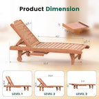 Wooden Chaise Lounge Chair, 3-Position Adjustable Outdoor Tanning Chair with Hidden Side Tray & Wheels, Poolside Patio Sun Chair
