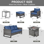 Belord 7 Pieces Patio Furniture Set with 50000BTU Propane Fire Pit Table: Wicker Patio Conversation Set with Outdoor Club Chairs Patio Couch Metal Side Table, All Weather Brown Rattan