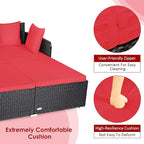 Tangkula Outdoor Rattan Daybed, Sunbed Wicker Furniture w/Spacious Seat, Upholstered Cushion & High-Resilience Sponge, Wicker Patio Sofa Set w/Extra Pillows for Courtyard Poolside(Red)