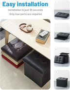 AmasSmile Storage Ottoman Folding Foot Rest Stool with Side Pocket, 16 inch Leather Footstool Bench, Short Ottoman Bench, Storage Foot Rest Store, Books, Black