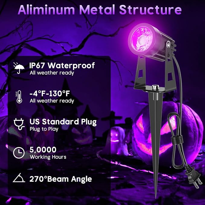 Black Light Outdoor,3W Halloween Blacklight Spotlight IP67 Waterproof Landscape Lighting with Stake 5.9 Ft, Black Lights for Fluorescent Party, Poster,Courtyard Garden, Stage, 6 Pack