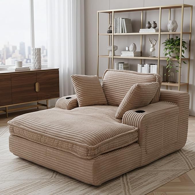 67" Oversized Chaise Lounge Chair Indoor, Soft Boneless Cloud Couch with 3 Pillows, 4 Side Pockets and 2 Cup Holders, Comfy Corduroy Sleeper Couch for Living Room Bedroom