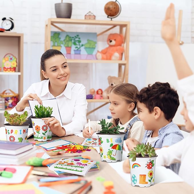 Capoda 48 Sets Garden Flower Pots Crafts Kit DIY Spring Plastic Seedling Nursery Pots with Stickers Plant Labels Growth Charts Planting Growing Tools Classroom Activities Project Gifts (Round)