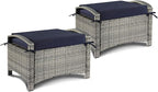 VINGLI Wicker Outdoor Ottoman Set of 2, All Weather PE Rattan Footstool for Patio w/Removable Cushions, Waterproof Rattan Foot Rest for Garden, Balcony, Poolside (Grey)