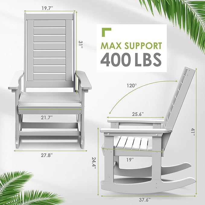 GREENVINES Outdoor Rocking Chairs | Set of 4 | Porch Rocker | HDPE Plastic | White | Oversized Rockers | High Back | Big & Tall | Ladder Back | for Patio Outside Backyard Balcony Garden