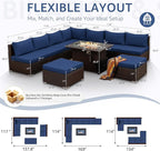 NICESOUL 10 Piece Outdoor Couch Set with Fire Pit Natural Gas/Propane, 29.3'' High Backrest Comfy Sectional Patio Furniture, Large Wide Seating Sofa for Outside, Brown Rattan and Navy Blue Cushion