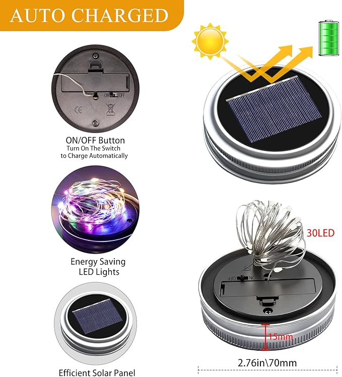 String Lights, Solar Mason Jar Hanging Lights, 12 Pack, Multicolor