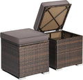 RELAX4LIFE Wicker Outdoor Storage Ottoman, 2-Piece Rattan Footstool w/Removable Cushion, Multipurpose Footrest Stool Side Table Additional Seating, Set of 2 Outdoor Ottomans for Patio Deck (Grey)