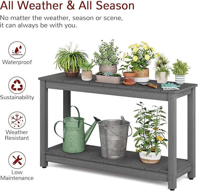 Stoog All-Weather Console Table, 2-Tier Patio Console Table Outdoor with Storage, Low Maintenance, and Never Fade or Rot, Grey