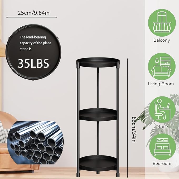 SYQ 3 Tier Plant Stand Indoor Outdoor - 34'' Extra-Tall Metal Plant Stands for Potted Plants Multiple Tiered Plant Shelf Vertical Black Iron Planter Rack Large Flower Pot Holder Table for Patio Corner