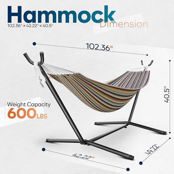 Hammock with Stand for Outside, 600lbs Portable Hammock with Steel Frame for 2-Person Outside Patio, Heavy Duty, Easy Assembly