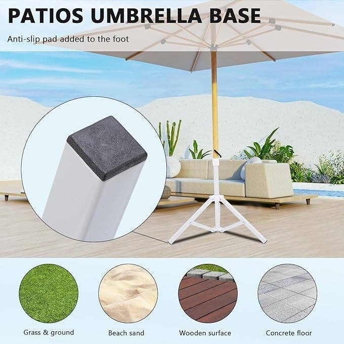 Beach Umbrella Stand Base,Portable Foldable Sun Umbrella Stand White Triangular Iron Support Base for Patio Beach Garden Camping Fishing Outdoor Sunshade Stand