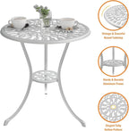 Bistro Set 3 Piece Cast Aluminum Patio Table with Umbrella Hole, White