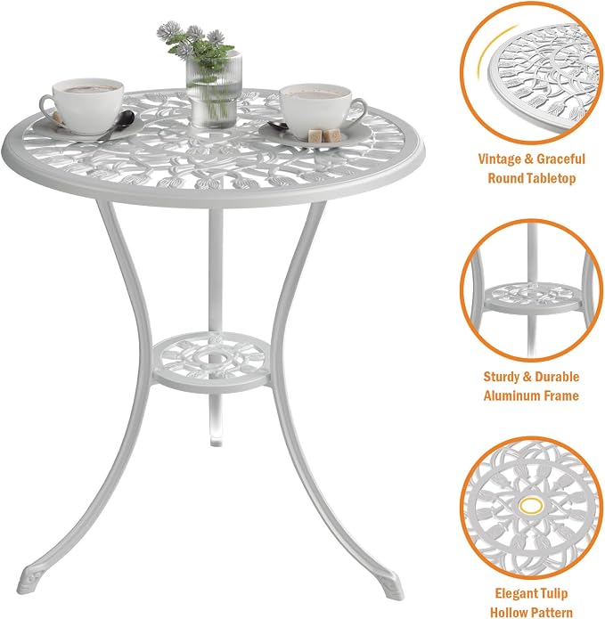 Bistro Set 3 Piece Cast Aluminum Patio Table with Umbrella Hole, White