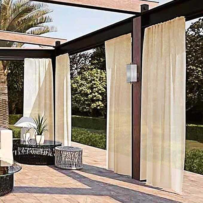 SpaceDresser Waterproof Outdoor Sheer Curtains for Patio - 4 Panels Rod Pocket Indoor Voile Sheer Curtain for Living Room,52W x 96L inch, Beige