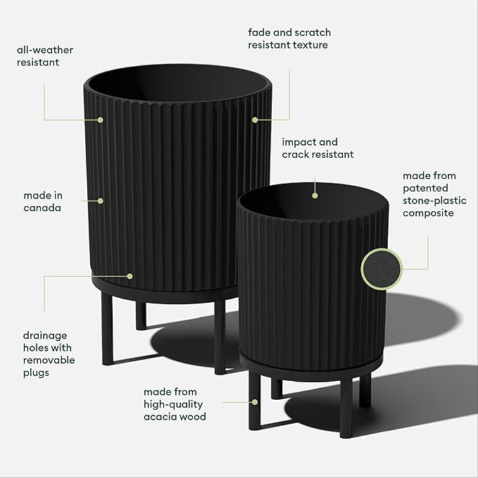 Veradek Demi Series Round Planter w/Stand for Porch/Patio | Durable Plastic-Stone Composite & Wooden Stand | Modern Décor for Tall Plants, Flowers